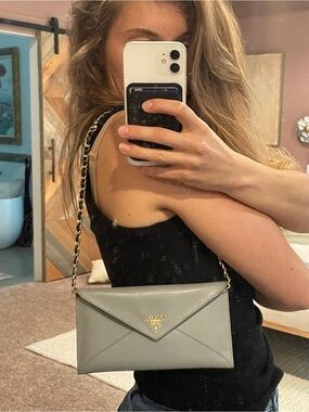 Authentic Prada Saffiano Leather Slate Gray Envelope Wallet Clutch WOC